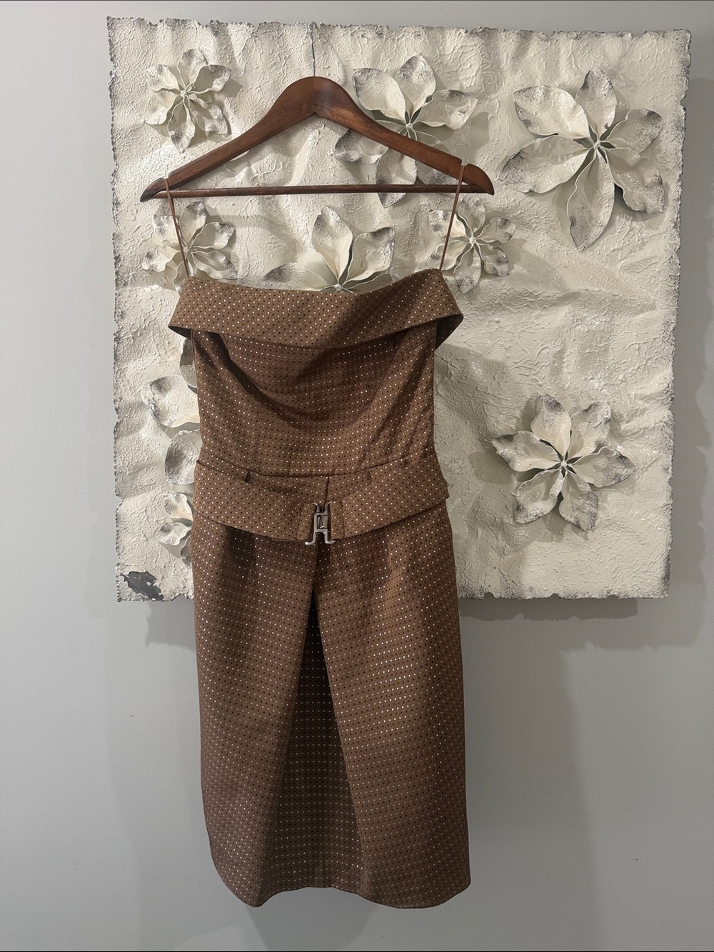 Zara Basic Strapless Polka Dot Belted Sheath Dress Brown Size Small